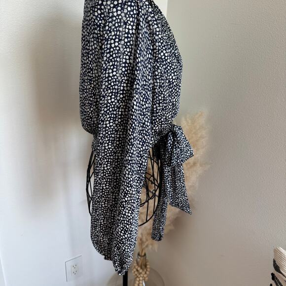 VICI Navy Dot Print Sheer Cropped Tie Front Blouse With Metallic Threads Small - Picture 5 of 11